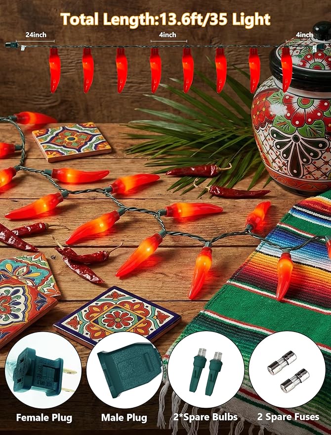 35 LED Red Chili Pepper Christmas Lights, 13.6Ft Outdoor String Lights with Warm White Bulbs, Plug in Fairy Lights for Indoor Party Kitchen Patio Garden Decor, Cook Off Decorations for Cinco De Mayo