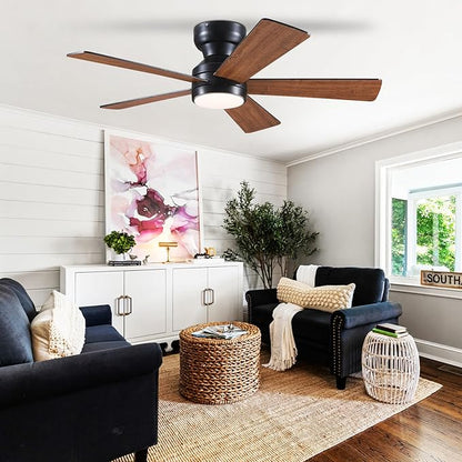 BYKISTOK Ceiling Fans with Lights Flush Mount - 46in Low Profile Ceiling Fan Remote Control with 5 Dual-Sided Blades, Reversible 6 Speeds, Dimming & 2H Timing, Indoor Fan Light for Bedroom, Kitchen