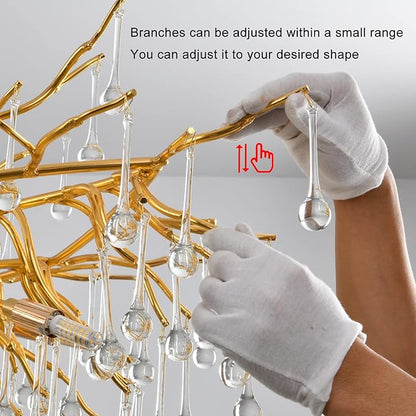 Crystal Chandeliers for Dining Room, 24inch Modern Gold Chandelier, 8-Light Round Tree Branch Chandelier, Raindrop Ceiling Pendant Hanging Light Fixtures for Living Room, Bedroom, Kitchen Island