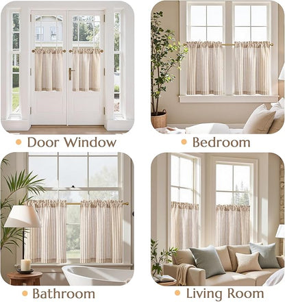 jinchan Striped Linen Kitchen Curtains 24 Inches Length Tier Curtains Farmhouse Modern Cafe Style Small Window Treatments Airy Light Filtering Rod Pocket for Living Room Bathroom 2 Panels Tan
