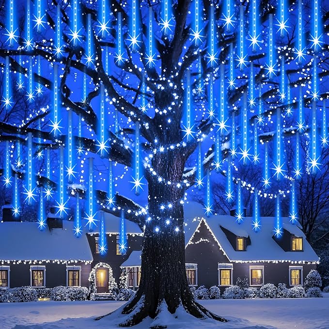 Adecorty Outdoor Christmas Lights Meteor Shower Light UL Certified 8 Tubes 192 LED Snow Falling Rain Drop Light Dripping Icicle String Lights for Christmas Tree Decorations Xmas Wedding Party, Blue