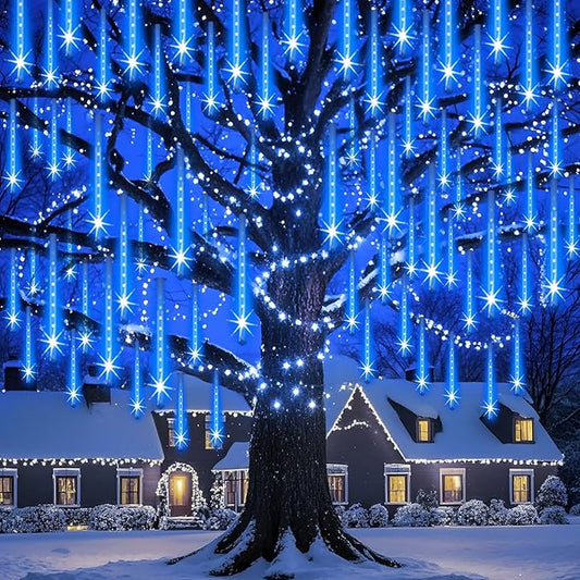 Adecorty Outdoor Christmas Lights Meteor Shower Light UL Certified 8 Tubes 192 LED Snow Falling Rain Drop Light Dripping Icicle String Lights for Christmas Tree Decorations Xmas Wedding Party, Blue