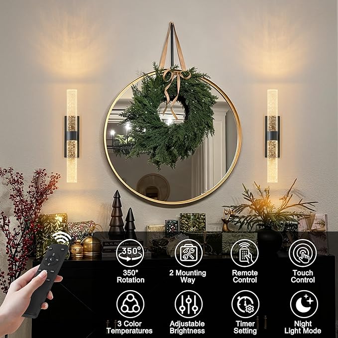 KARTOOSH Black Rechargeable Wireless Wall Sconce Set of Two, Battery Operated Wall Lights with Remote Control,350°Rotate,3000K/4000K/6000K,Dimmable,Timer,for Living Room,Dining Room,Hallway,15.3 Inch