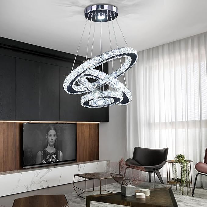 Modern 3 Ring Round Crystal Chandelier Adjustable Stainless Steel Pendant Lighting LED Crystal Ceiling Light Fixture for Living Room Dining Room Bedroom Cool White