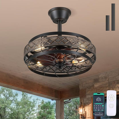 SHIHOT 18" Black Caged Ceiling Fan with Lights, Bladeless Industrial Ceiling Fan with Remote, 6 Speeds, Farmhouse Ceiling Fan Light Fixture for Kitchen, Bedroom(Bulbs Not Included)