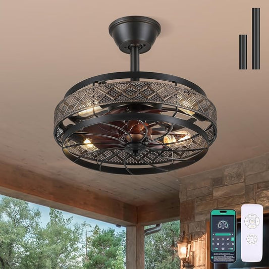 SHIHOT 18" Black Caged Ceiling Fan with Lights, Bladeless Industrial Ceiling Fan with Remote, 6 Speeds, Farmhouse Ceiling Fan Light Fixture for Kitchen, Bedroom(Bulbs Not Included)
