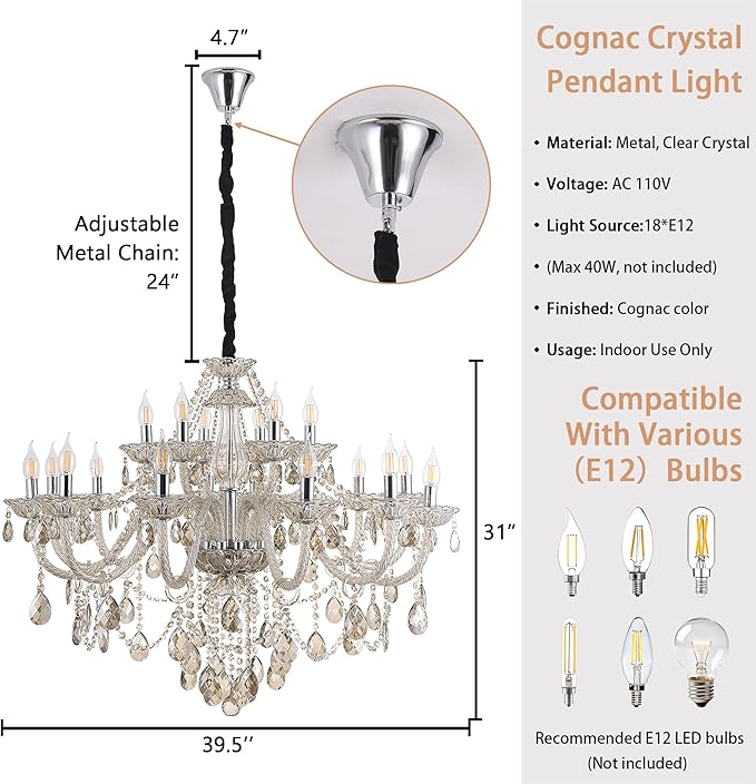 Cognac Crystal Chandelier 18-Light for Living Room ，Modern K9 Crystal Chandeliers Lighting Pendant Light Fixtures for Dinning Room Staircase Lobby Foyer(Cognac 18 Lights)