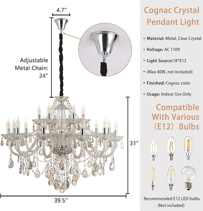 Cognac Crystal Chandelier 18-Light for Living Room ，Modern K9 Crystal Chandeliers Lighting Pendant Light Fixtures for Dinning Room Staircase Lobby Foyer(Cognac 18 Lights)