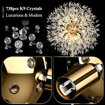 BesLowe 69'' Crystal Floor Lamp for Living Room, Modern Standing Lamp with 738PCS K9 Crystals, Tall Lamp Pole Light for Bedroom Office, Mid Century Gold Floor Lighting with 9 LED Bulbs, Antique Brass