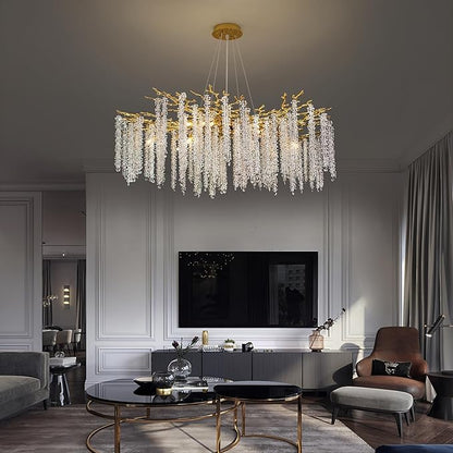 Tree Branches Chandeliers Luxury Round Raindrop Crystal Pendant Light 15 Lights Tassel Ceiling Hanging Light for Dining Room Bedroom Living Room Entryway 39.5" Gold