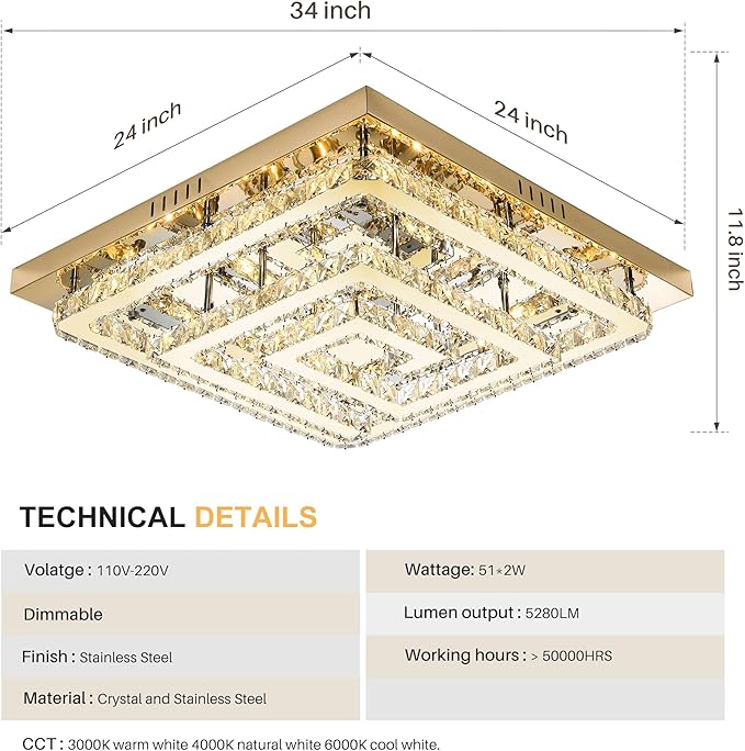 34" Crystal Gold Chandelier with Remote/APP Control, 3 Color Temperature Light Fixture & Brightness Adjustable, Modern Flush Mount LED Ceiling Light Fixture for Living Room Kitchen Hallway Dining Room