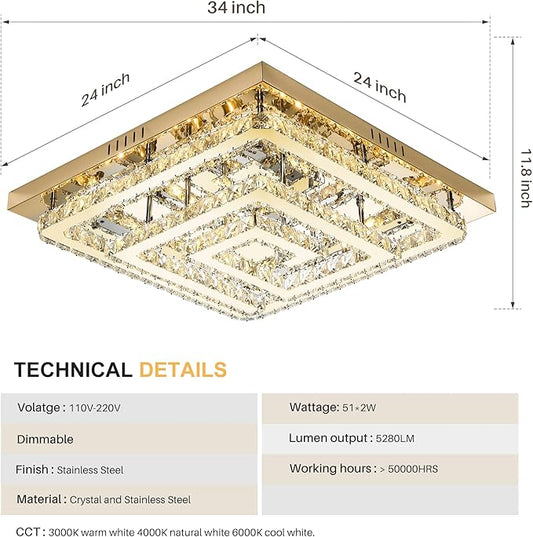 34" Crystal Gold Chandelier with Remote/APP Control, 3 Color Temperature Light Fixture & Brightness Adjustable, Modern Flush Mount LED Ceiling Light Fixture for Living Room Kitchen Hallway Dining Room