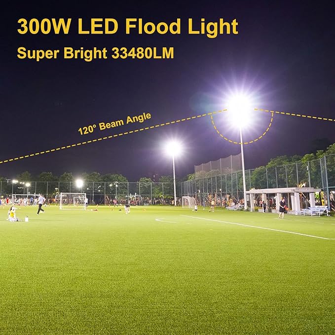YANYCN 300W LED Flood Light Outdoor,2000W Equivalent 5000K Daylight White Super Bright FloodLight with Plug,43500LM IP66 Waterproof Commercial Lighting for Sports Fields,Counts,Arena,Stadium