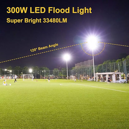 YANYCN 300W LED Flood Light Outdoor,2000W Equivalent 5000K Daylight White Super Bright FloodLight with Plug,43500LM IP66 Waterproof Commercial Lighting for Sports Fields,Counts,Arena,Stadium