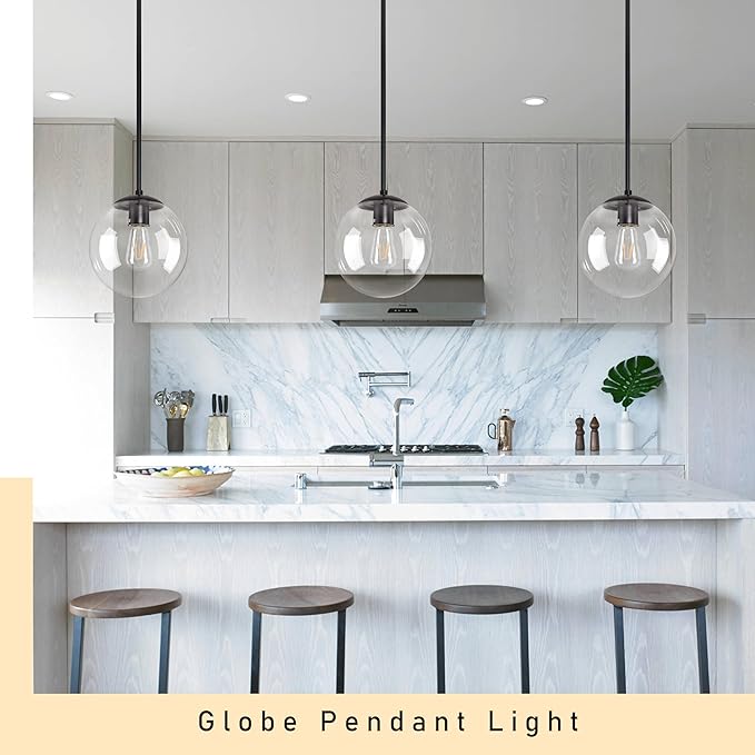 10 Inch Globe Pendant Light Black Mid Century Pendant Light Contemporary Globe Pendant Lights Clear Glass Pendant Lights Adjustable Hanging Light Fixture Clear Glass with Black Finish for Dining Room