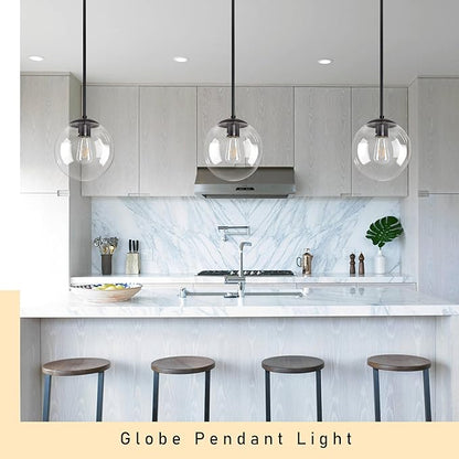 10 Inch Globe Pendant Light Black Mid Century Pendant Light Contemporary Globe Pendant Lights Clear Glass Pendant Lights Adjustable Hanging Light Fixture Clear Glass with Black Finish for Dining Room