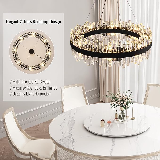 Modern Crystal Chandelier 16-Light Black Round 2 Tiers Raindrop Chandelier for Dining Room Luxury Large Flush Mount Ceiling Light for Living Room Entryway Foyer Bedroom D31.5''