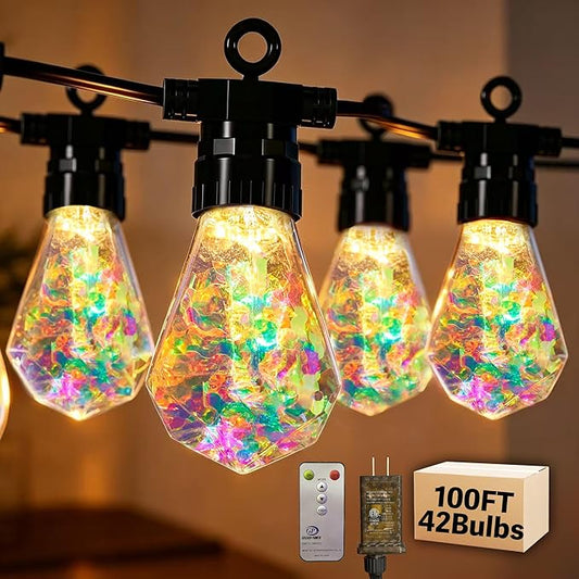 Outdoor String Lights, 100FT 42 LED Iridescent Holographic Bulbs, Waterproof Patio Lights with Remote Control, Shatterproof Connectable Lights for Backyard, Porch, Garden, and Party