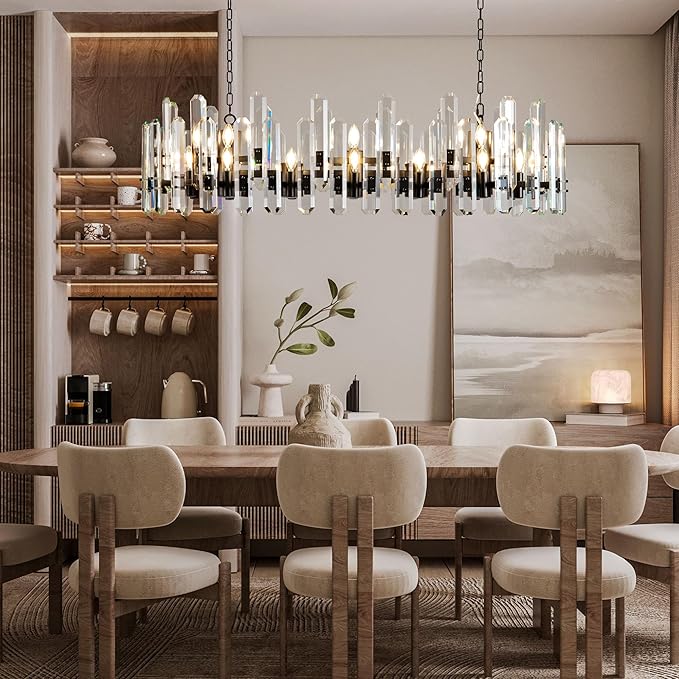 54" Black Rectangular Chandelier, 24-Light Modern Crystal Chandelier for Dining Room, Kitchen Island, Living Room, Luxury K9 Crystal Adjustable Chain Chandelier Light Fixture