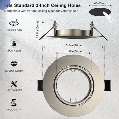 6 Pack Spotlight Frame, 3 inch Recessed Ceiling Light Trim Compatible with MR16 GU10 GU5.3 Bulbs, Adjustable Holder for Cabinet Kitchen, Brushed Nickel