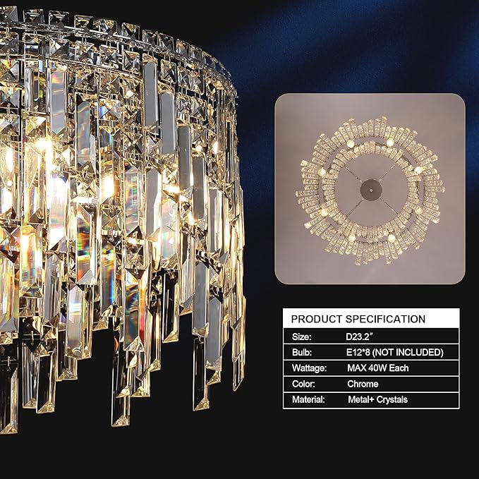 A AXILIXI Crystal Chandelier, 24" Modern Round Chandelier for Dining Room, K9 Large 8-Light Crystal Pendant Fixtures Raindrop Luxury Pendant Ceiling Light Chrome for Entryway Foyer Staircase
