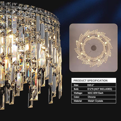 A AXILIXI Crystal Chandelier, 24" Modern Round Chandelier for Dining Room, K9 Large 8-Light Crystal Pendant Fixtures Raindrop Luxury Pendant Ceiling Light Chrome for Entryway Foyer Staircase