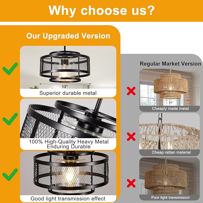 Modern Pendant Lights Kitchen Island, Black Pendant Light Fixtures with 13" Metal Cage, Industrial Farmhouse Hanging Pendant Lights Fixture for Kitchen Island Dining Room Bedroom Hallway Entryway