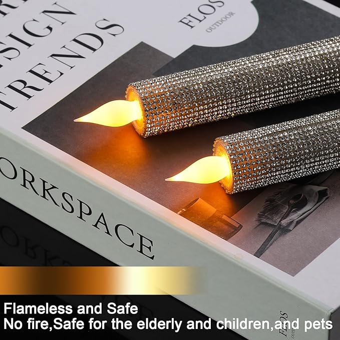LED Flameless Taper Candles with Remote Control,Set of 2, Silver Glitter Finish, Crystal Glass Candlestick Holders, Timer Function (Silver LED)