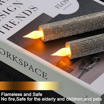 LED Flameless Taper Candles with Remote Control,Set of 2, Silver Glitter Finish, Crystal Glass Candlestick Holders, Timer Function (Silver LED)