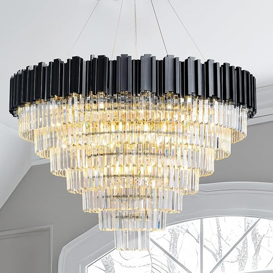 40" Black Chandelier, 21-Light Modern Crystal Chandelier, 7-Tier Round Chandeliers for Dining Room, Living Room, Bedroom, Foyer, Entryway, Kitchen, Restaurant, Luxury Tiered K9 Crystal Light Fixture