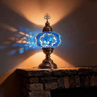 Turkish Mosaic Table Lamp with Bulb – Handmade Turquoise Blue Stained Glass Bedside Light, Authentic Vintage Boho Decor with E12 Socket & US Plug
