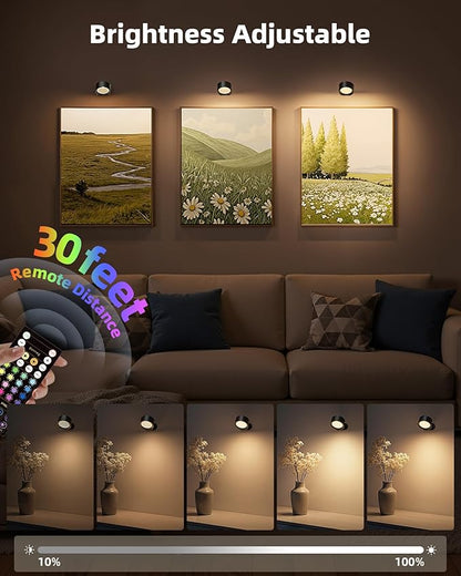 Wall Mounted Lights, 2 Pack Rechargeable RGB Color Changing Light, 3 Color Temps & Remote and Touch, 360°Rotation Dimmable Cordless for Study Bedroom Reading Bedside (Black)