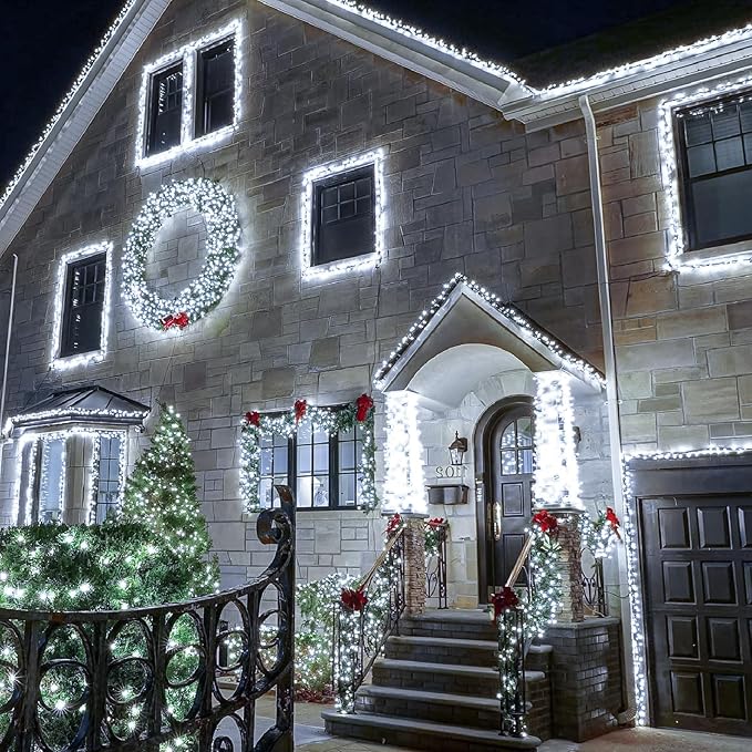 White Christmas Lights Outdoor, 66FT 200 LED String Lights for Outside Waterproof with 8 Modes, Plug in Connectable Christmas Tree Lights Indoor House Patio Garden Party Wedding Decorations