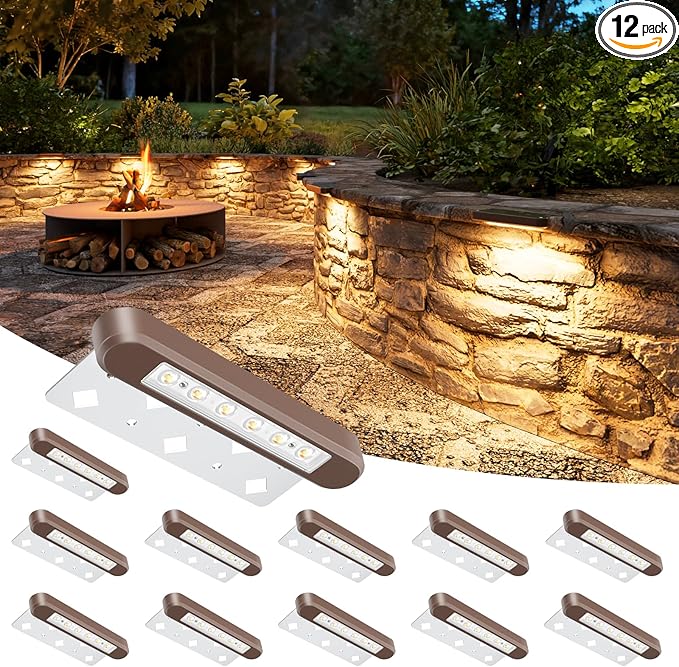 VOLISUN 7 Inch Retaining Wall Lights, IP67 Waterproof Hardscape Lighting, Cuttable Low Voltage Lighting, 12V Paver Lights, 2.8W Outdoor Step Landscape Lights, 2700K Soft White (12 Pack)