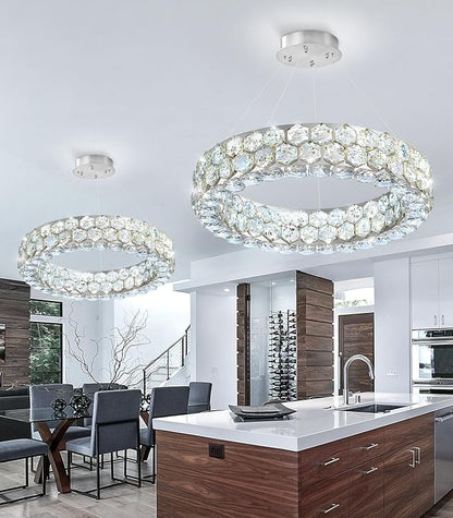 Modern Crystal Chandelier Ring Chandeliers for Dining Room Living Room Round LED Dimmable Ceiling Light Fixture for Bedroom Hallway Foyer Silver