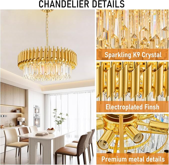 24" Gold Crystal Chandeliers for Dining Room Contemporary Round Ceiling Pendant Light Fixtures 5-Tier 8 Lights K9 Crystal Large Flush Mount Chandelier for Foyer Living Room Staircase
