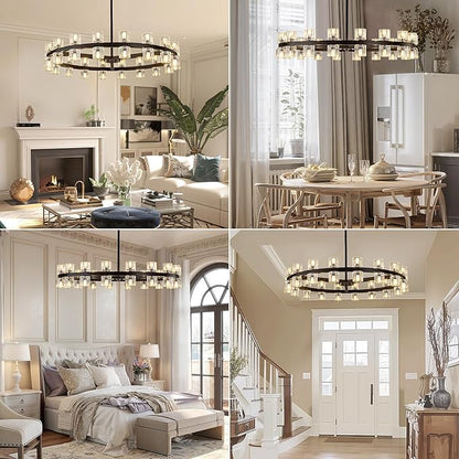 36-Light Large Black Chandeliers for High Ceilings, 36 Inch Crystal Wagon Wheel Chandelier, Farmhouse Industrial Round Chandelier Pendant Lighting Fixture for Dining Living Room Kitchen Island