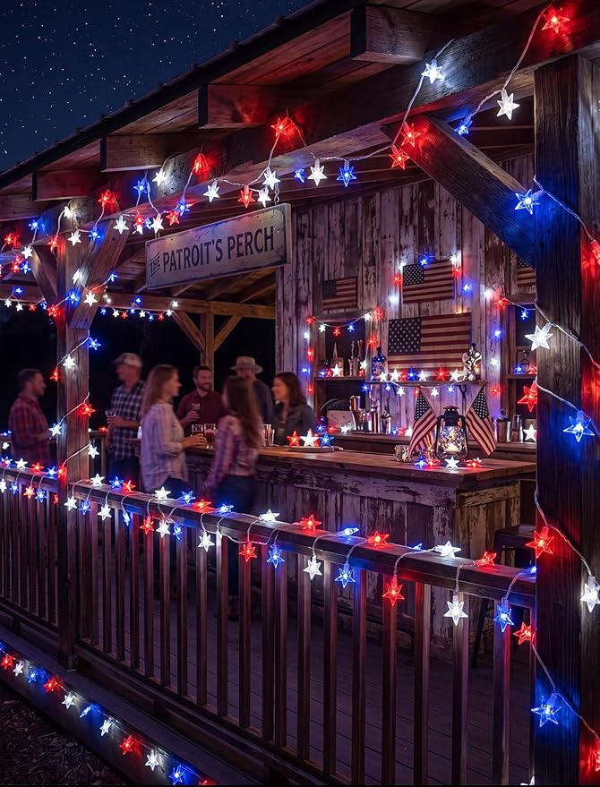 4th of July Decorations Star String Lights, 13.6Ft Red White Blue Patriotic Lights with 35 LED Stars, Waterproof Plug in Fairy String Lights for Memorial Day Independence Day Outdoor Indoor Decor