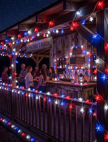 4th of July Decorations Star String Lights, 13.6Ft Red White Blue Patriotic Lights with 35 LED Stars, Waterproof Plug in Fairy String Lights for Memorial Day Independence Day Outdoor Indoor Decor