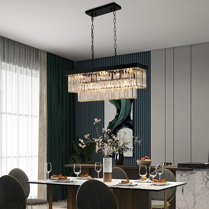 Weesalife Black Crystal Chandeliers for Dining Room Light Fixtures Over Table，9-Lights Modern Rectangle Chandeliers for Kitchen Island Bar L28 Inch