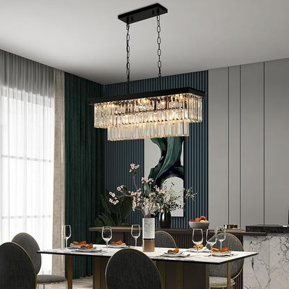 Weesalife Black Crystal Chandeliers for Dining Room Light Fixtures Over Table，9-Lights Modern Rectangle Chandeliers for Kitchen Island Bar L28 Inch