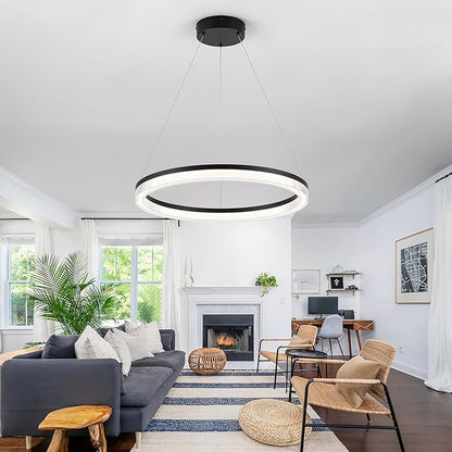Modern Black Led Pendant Light,24W Dimmable LED Chandelier Lighting Fixture, 1 Ring Circular Hanging Led Pendant Lighting for Living Room Dining Room Kitchen Island Foyer Office