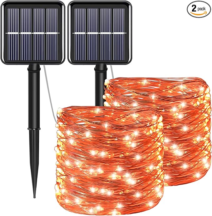 Fall Outdoor Decorations, Orange Solar String Lights Outdoor, 2Pack Total 200 LED Fairy Fall Lights Thanksgiving Halloween Decor, 8 Modes Waterproof for Porch, Garden, Patio, Fence, Balcony
