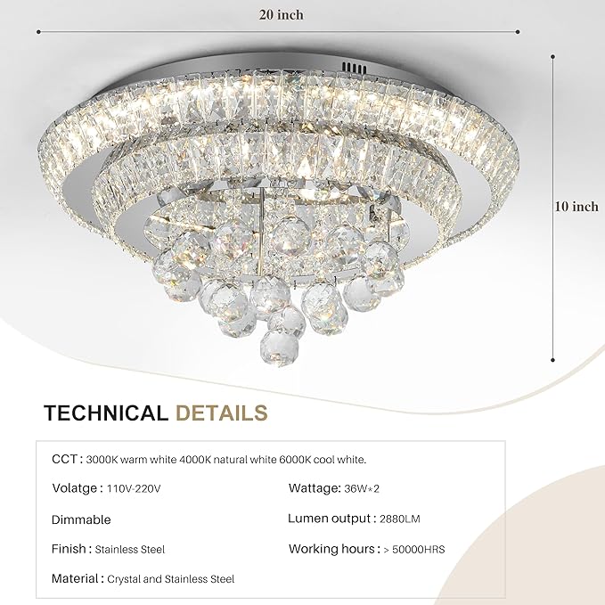 COCOSTAR 20" Crystal Chandeliers, Flush Mount Chandelier LED Ceiling Light, Modern Crystal Raindrop Chandeliers for Dining Room, Living Room, Bedroom