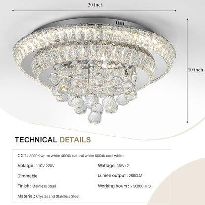 COCOSTAR 20" Crystal Chandeliers, Flush Mount Chandelier LED Ceiling Light, Modern Crystal Raindrop Chandeliers for Dining Room, Living Room, Bedroom