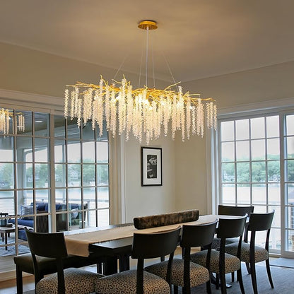Tree Branches Chandeliers L39.5 Inch Gold Luxury Rectangular Crystal Raindrop Pendant Light 13 Lights Kitchen Island Hanging Light Fixture for Living Room Dining Room Foyer Entryway