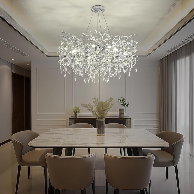 Modern Crystal Tree Branch Chandelier, D23.7'' Round Silver Raindrop Indoor Hanging Ceiling Lighting Fixture for Dining Room Living Room Bedroom Foyer 8 Lights