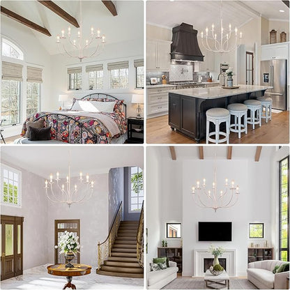 French Country Chandelier, 9-Light Antique White Farmhouse Chandelier, 2-Tier Candle Modern Farmhouse Chandeliers for Dining Room Living Room Bedroom Foyer