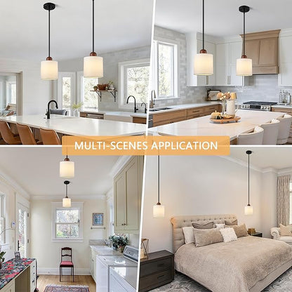 5.9" Drum Pendant Light with White Fabric Shade Modern Hanging Pendant Light Fixture| Adjustable Semi Flush Mount Kitchen Island Dining Room Bedroom Black 2 Pack