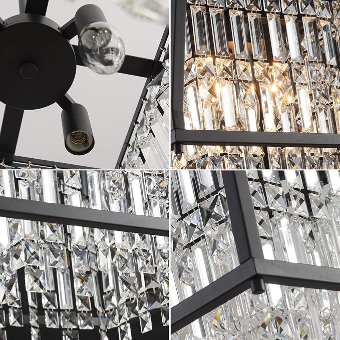LMQNINE Farmhouse Chandelier - Black Metal Crystal Pendant Light for Kitchen, Dining, Living Room - Flat & Inclined Ceiling (Trapezoid -15.74in)